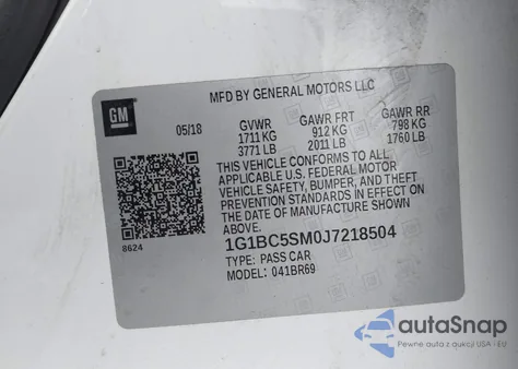 2018 Chevrolet Cruze Ls Auto из США, поврежденный, VIN 1G1BC5SM0J7218504